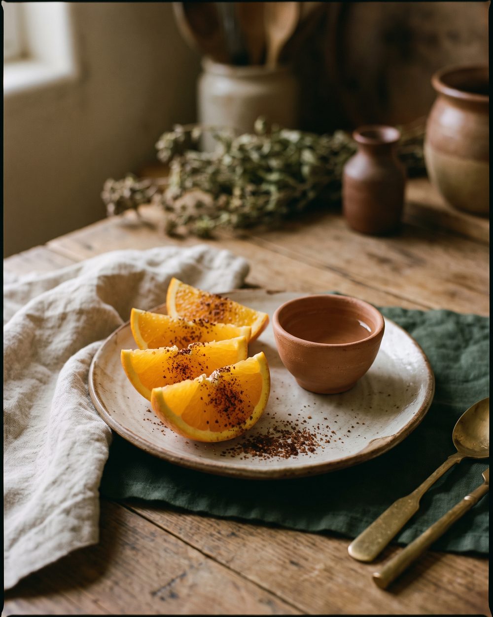 Naranja con sal de gusano junto a una copita de mezcal
