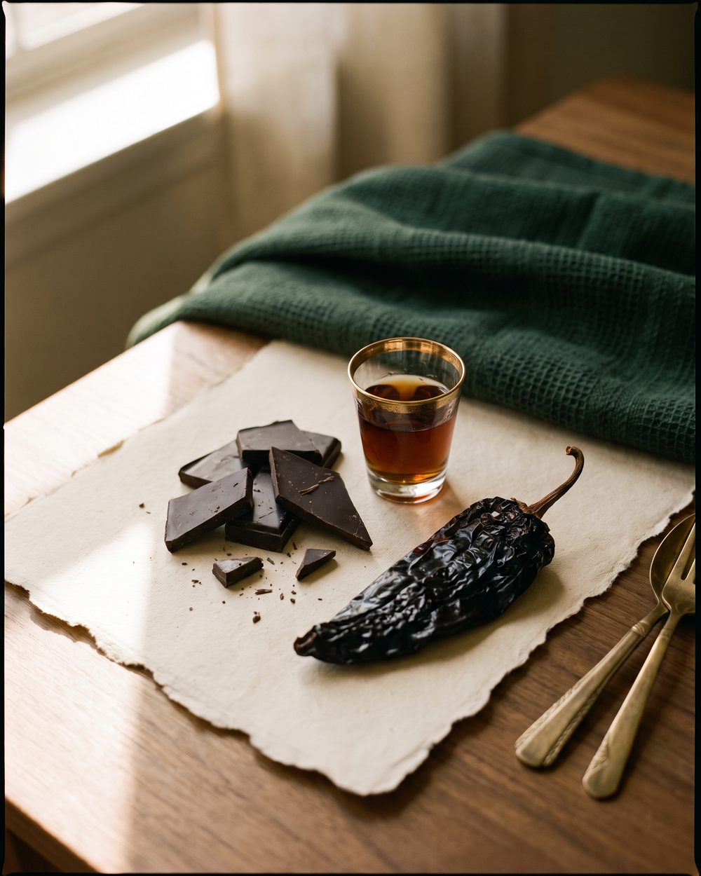 Chocolate oscuro junto a un chile ancho y una copa de ron añejo